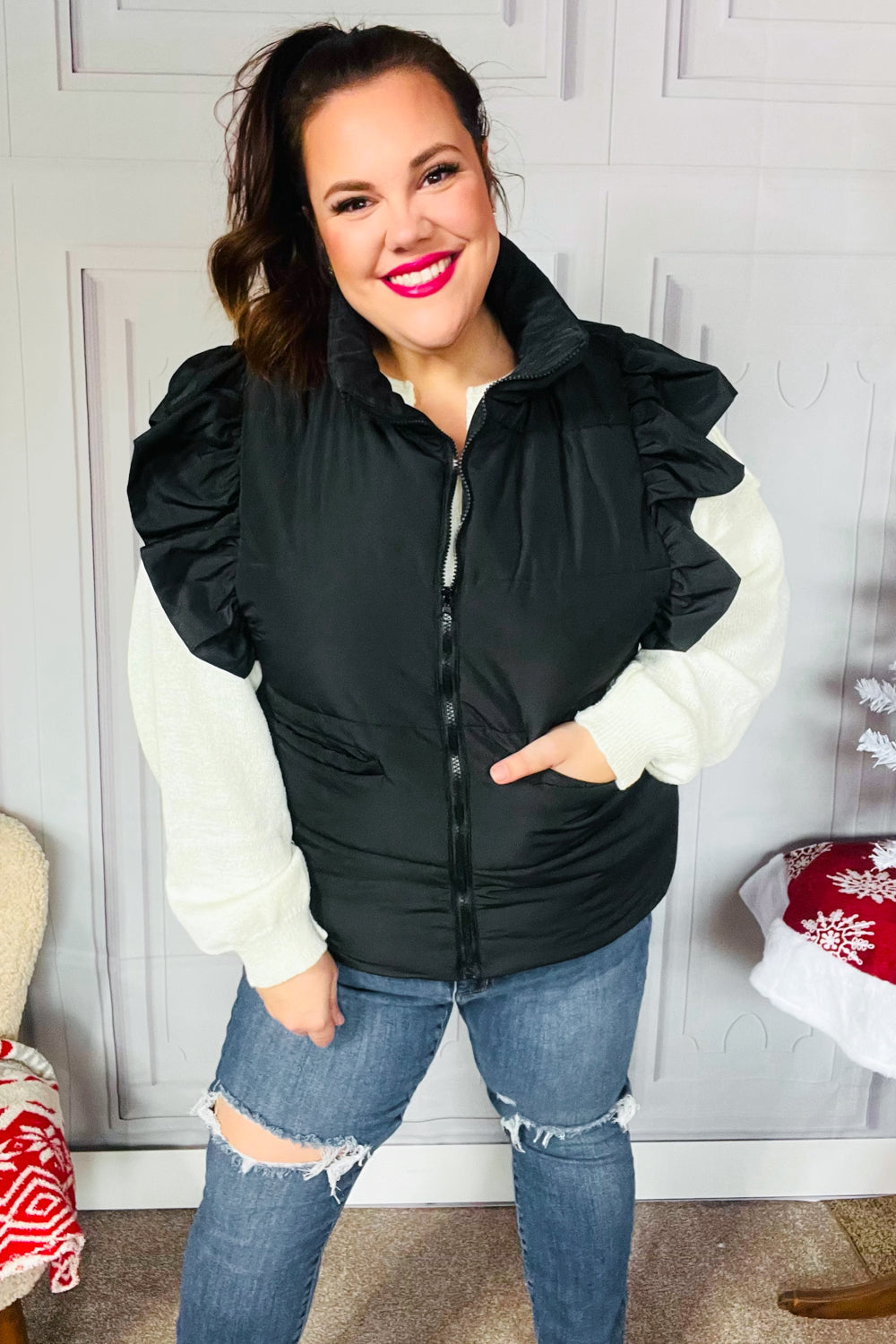 BLACK QUILTED PUFFER ZIP UP RUFFLE SLEEVE VEST- PLUS- 1X LEFT