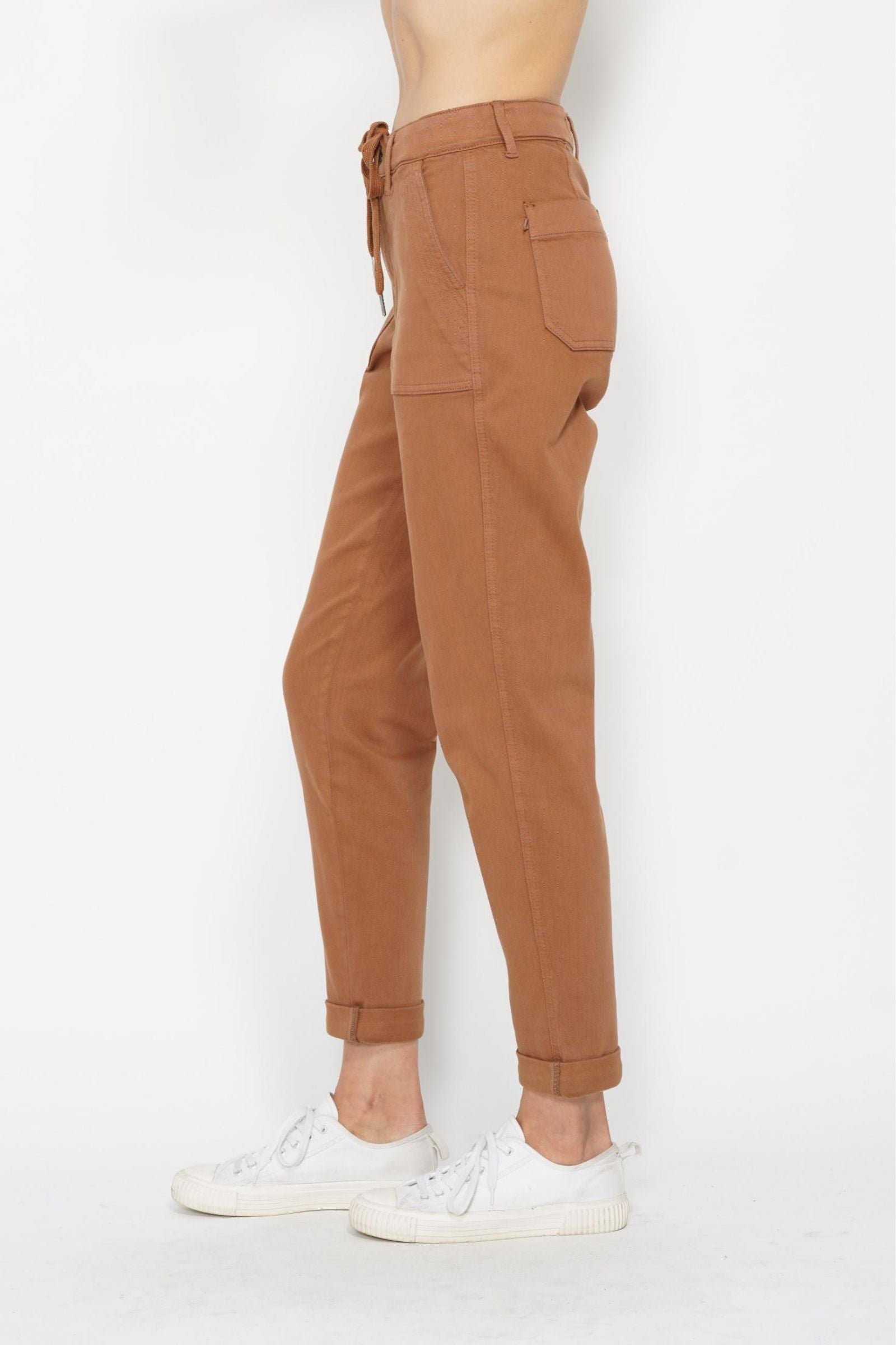 CAMEL HIGH WAIST GARMENT DYED CUFFED JOGGERS JUDY BLUE DENIM-PLUS