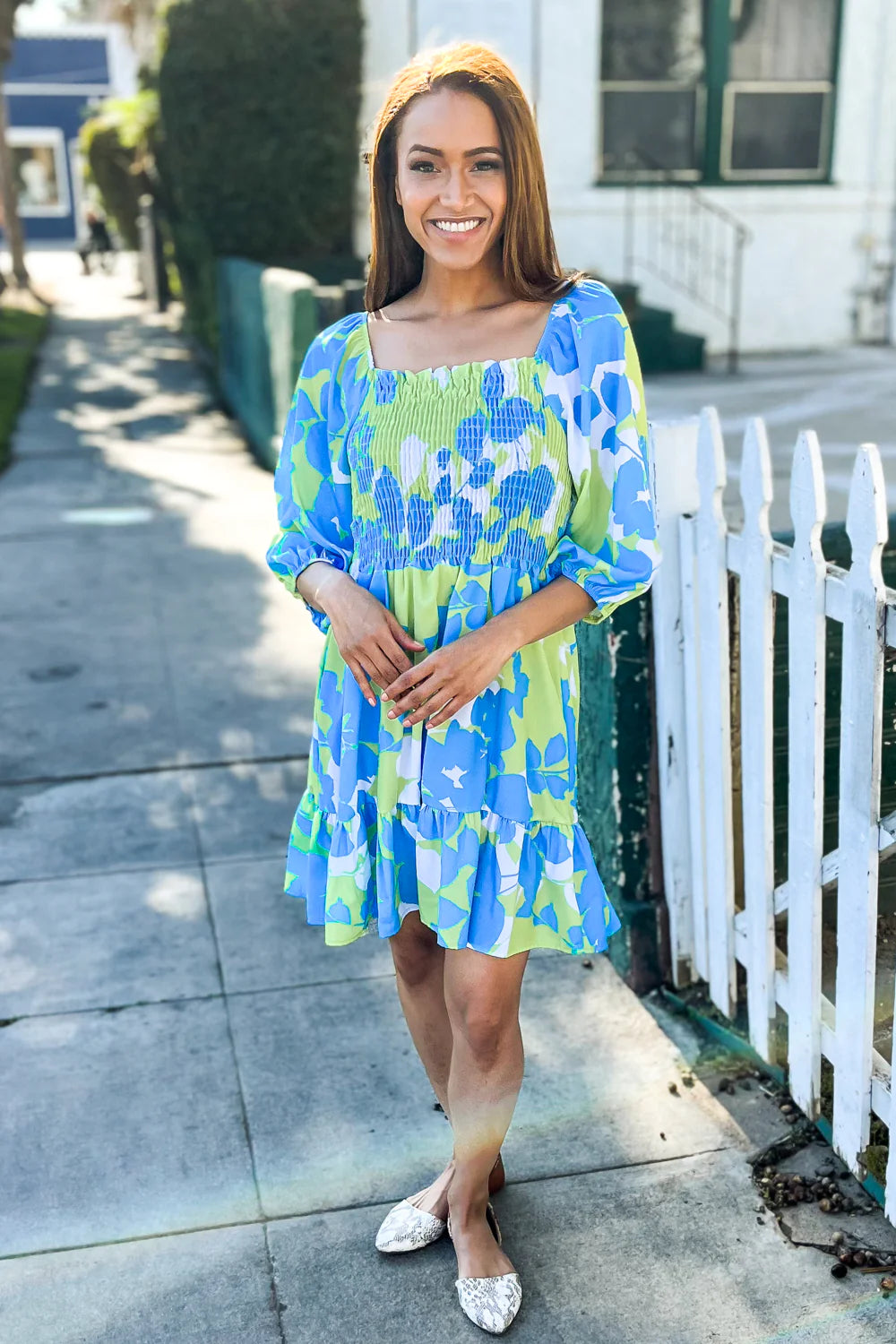 BLUE & LIME GREEN FIT & FLARE SMOCKED DRESS