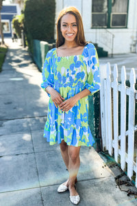 BLUE & LIME GREEN FIT & FLARE SMOCKED DRESS