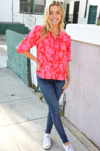 RED PINK RIBBON BOW FLORAL WOVEN TOP-PLUS