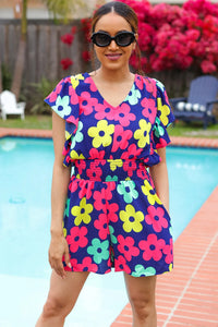 NAVY PINK MAGENTA YELLOW WHITE FEELING BOLD FLORAL SMOCKED WAIST FLUTTER ROMPER-PLUS