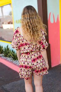 STONE FUCHSIA SURPLICE ETHNIC ELASTIC WAIST ROMPER-PLUS