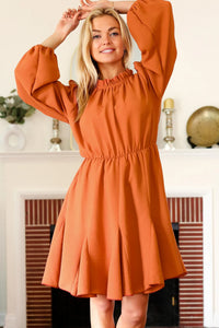 RUST MOCK RUFFLE NECK WOVEN DRESS