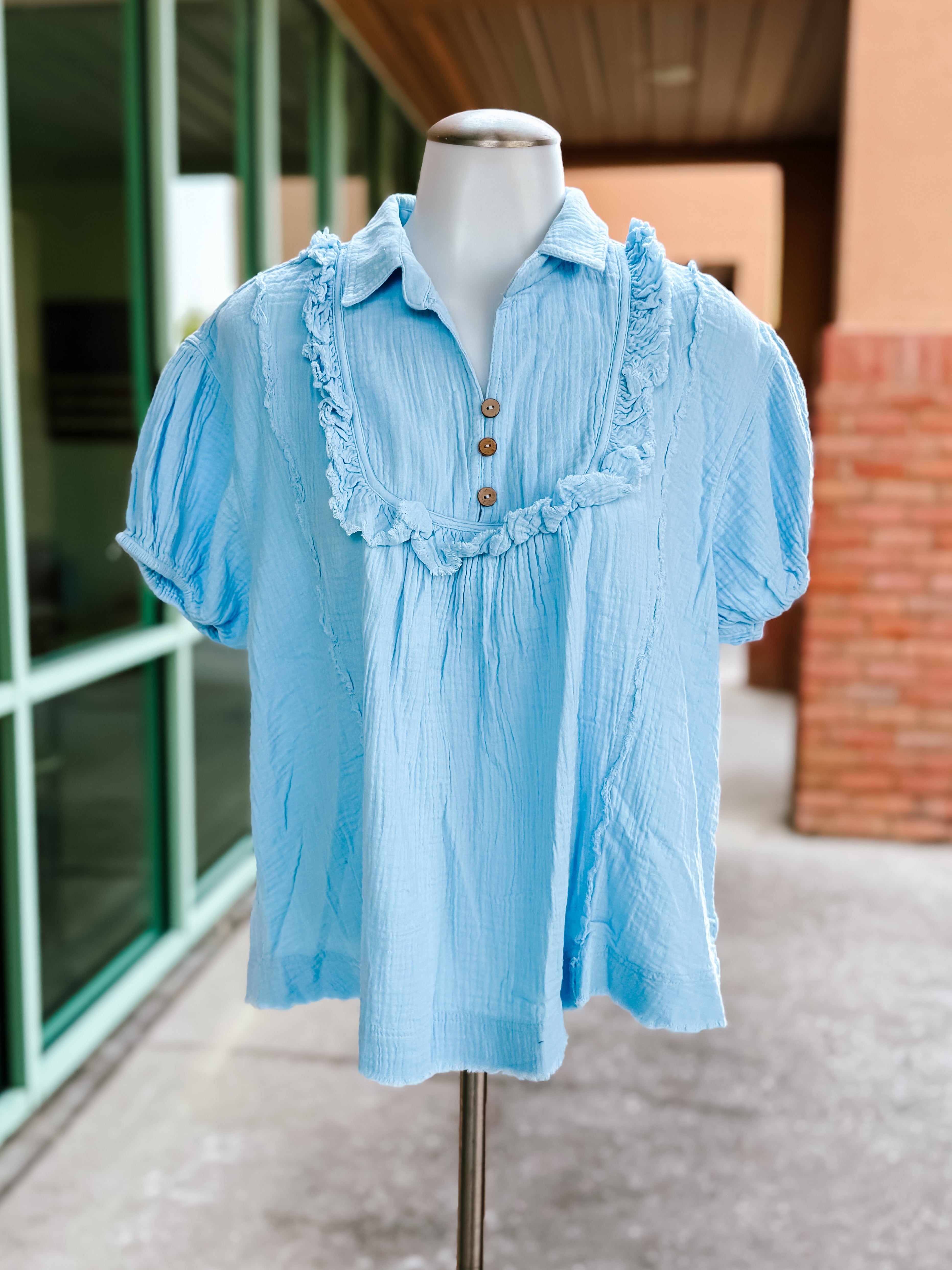 Blue Linen Cotton Frayed Yoke Collared Top- SALE