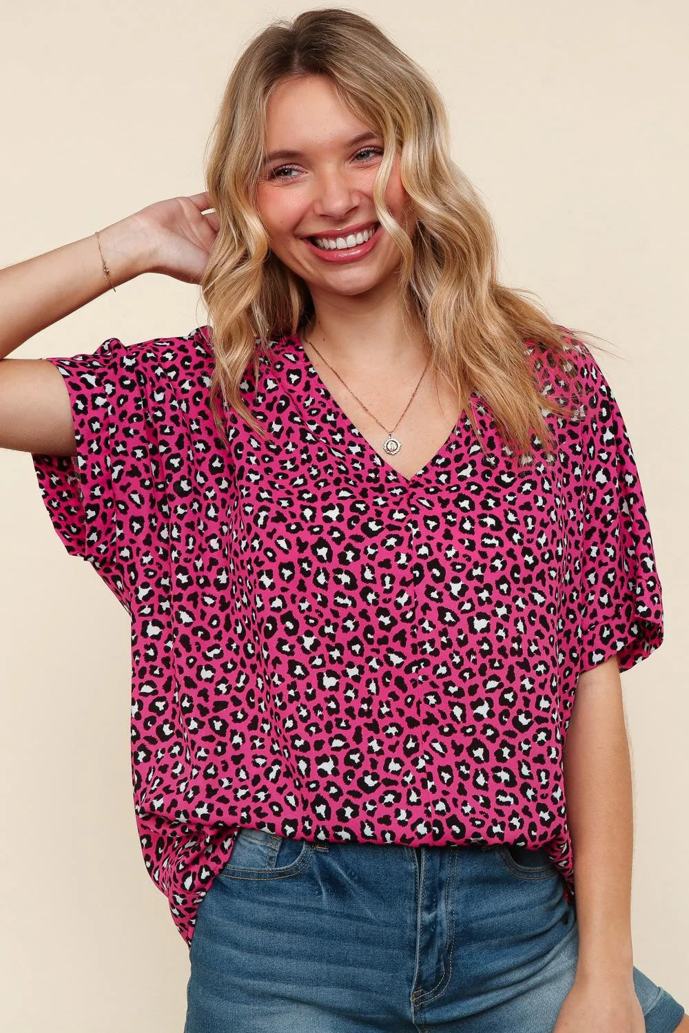 HOT PINK MAGENTA BLACK LEOPARD WOVEN VNECK BLOUSE-PLUS
