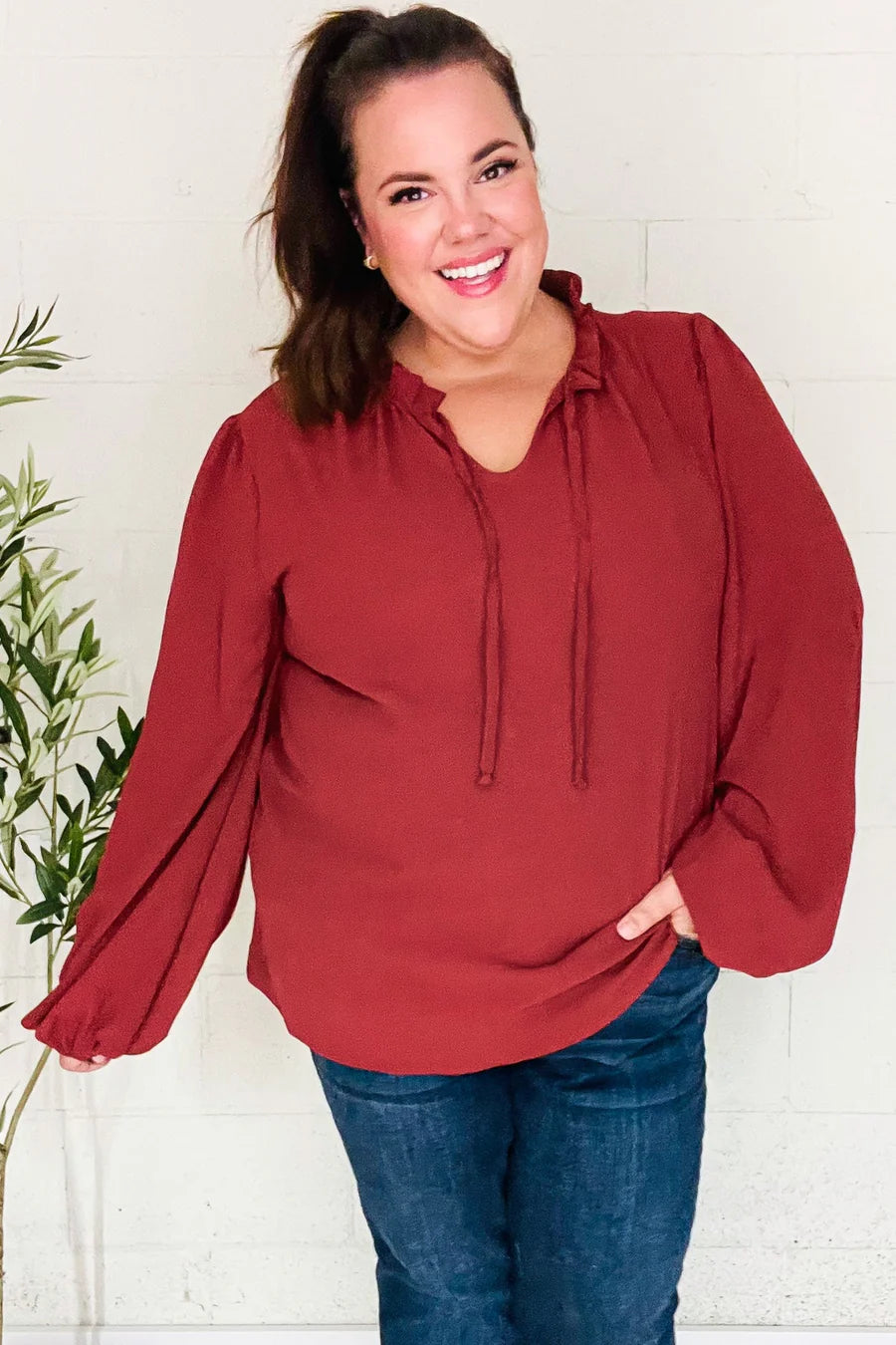 BURGUNDY FRILLED EDGED VNECK TIE LONG SLEEVE TOP-PLUS