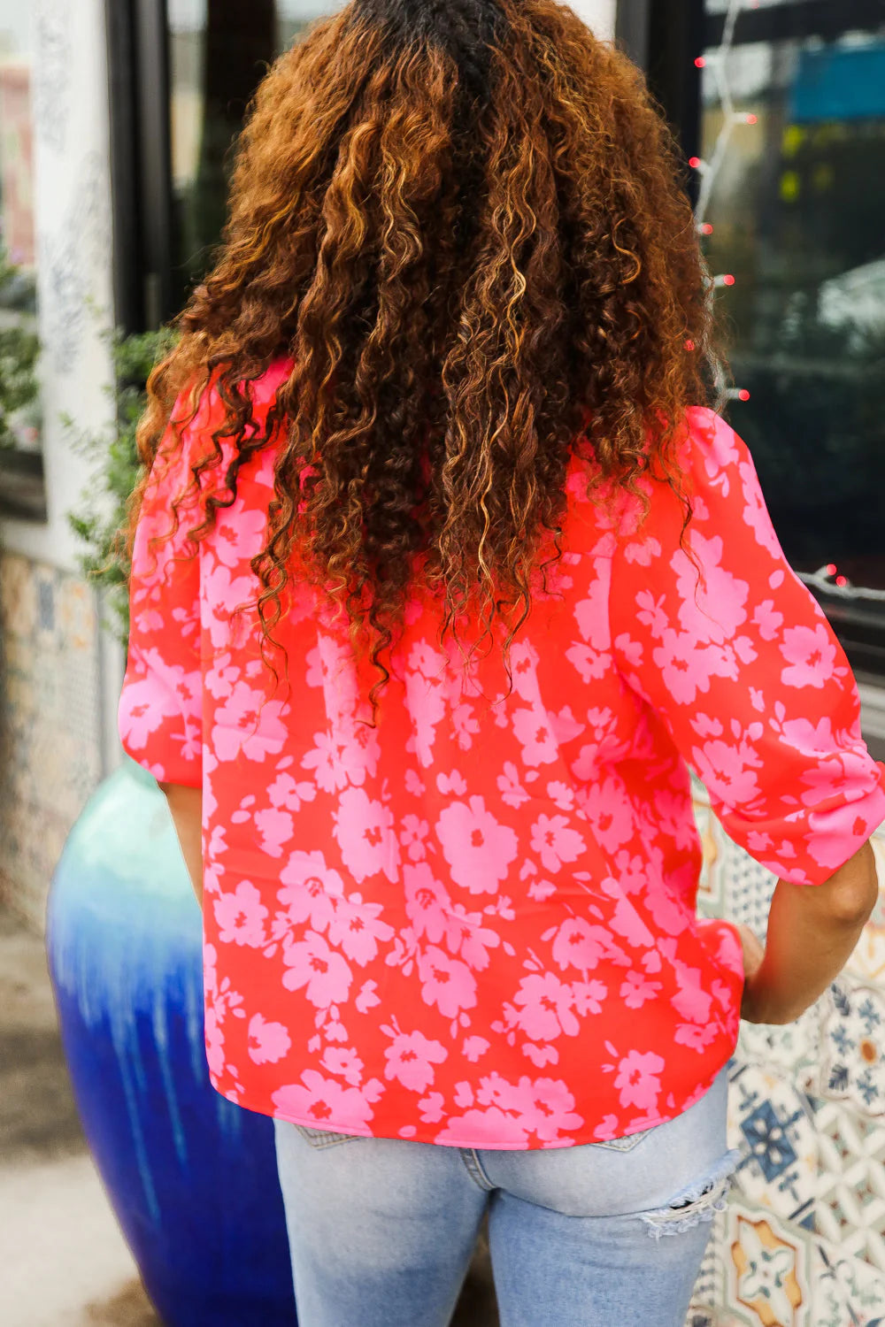 RED PINK RIBBON BOW FLORAL WOVEN TOP