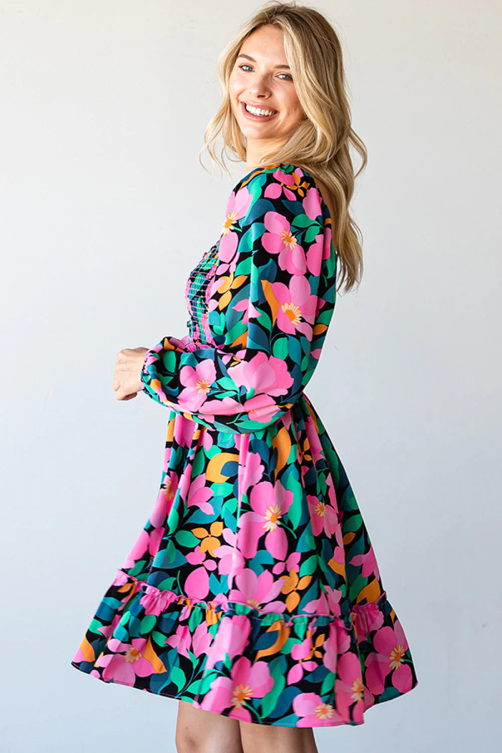 BLACK HOT PINK ORANGE GREEN BLUE FLORAL PRINT SMOCKED FIT & FLARE DRESS