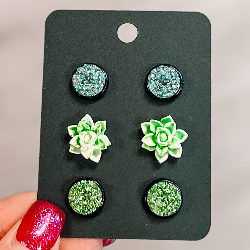 GREEN Succulent 10mm 3 Pack Black Bezel Druzy Earrings Pack