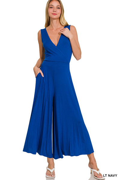 LIGHT NAVY SURPLICE NECKLINE SLEEVELESS JUMPSUIT