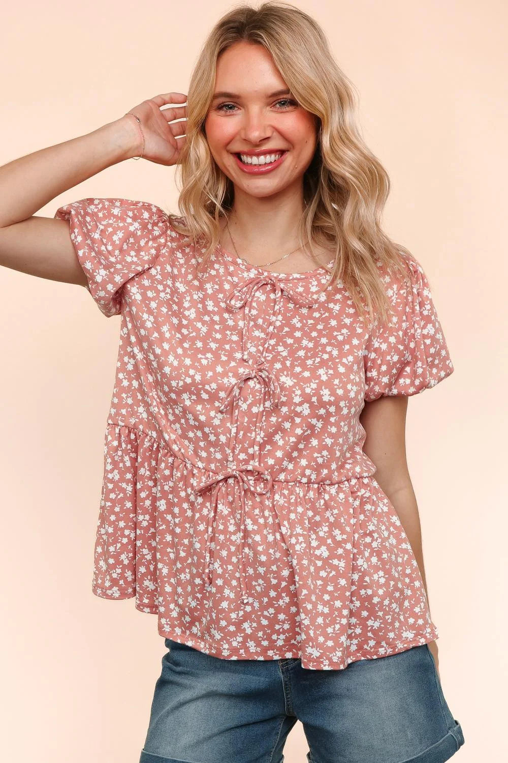MAUVE WHITE FLORAL FRONT RIBBONS BOW TIE BABYDOLL KNIT TOP