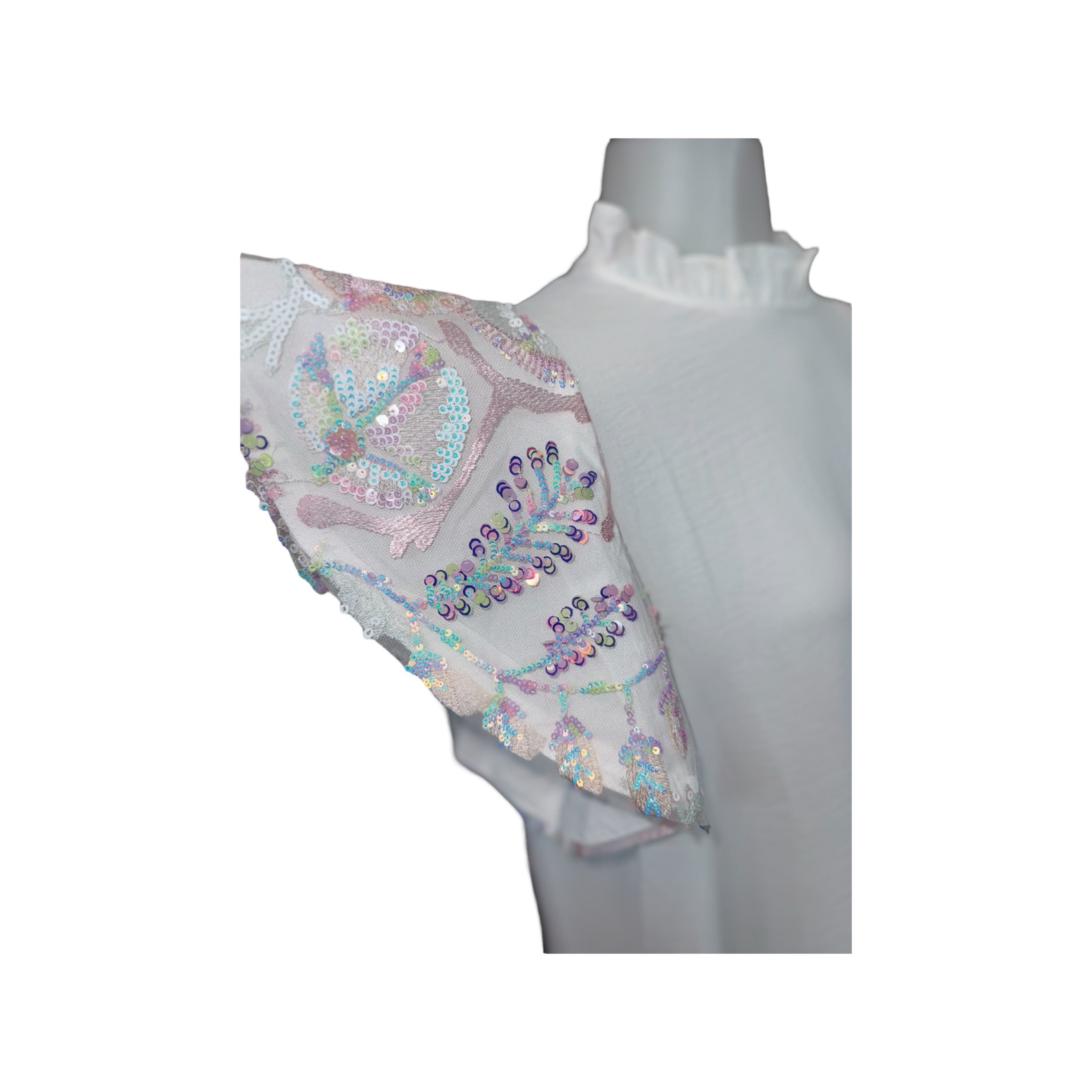 WHITE IRIDESCENT SEQUIN FLUTTER SLEEVE BLOUSE- SALE- MEDIUM & LARGE AVAILABLE