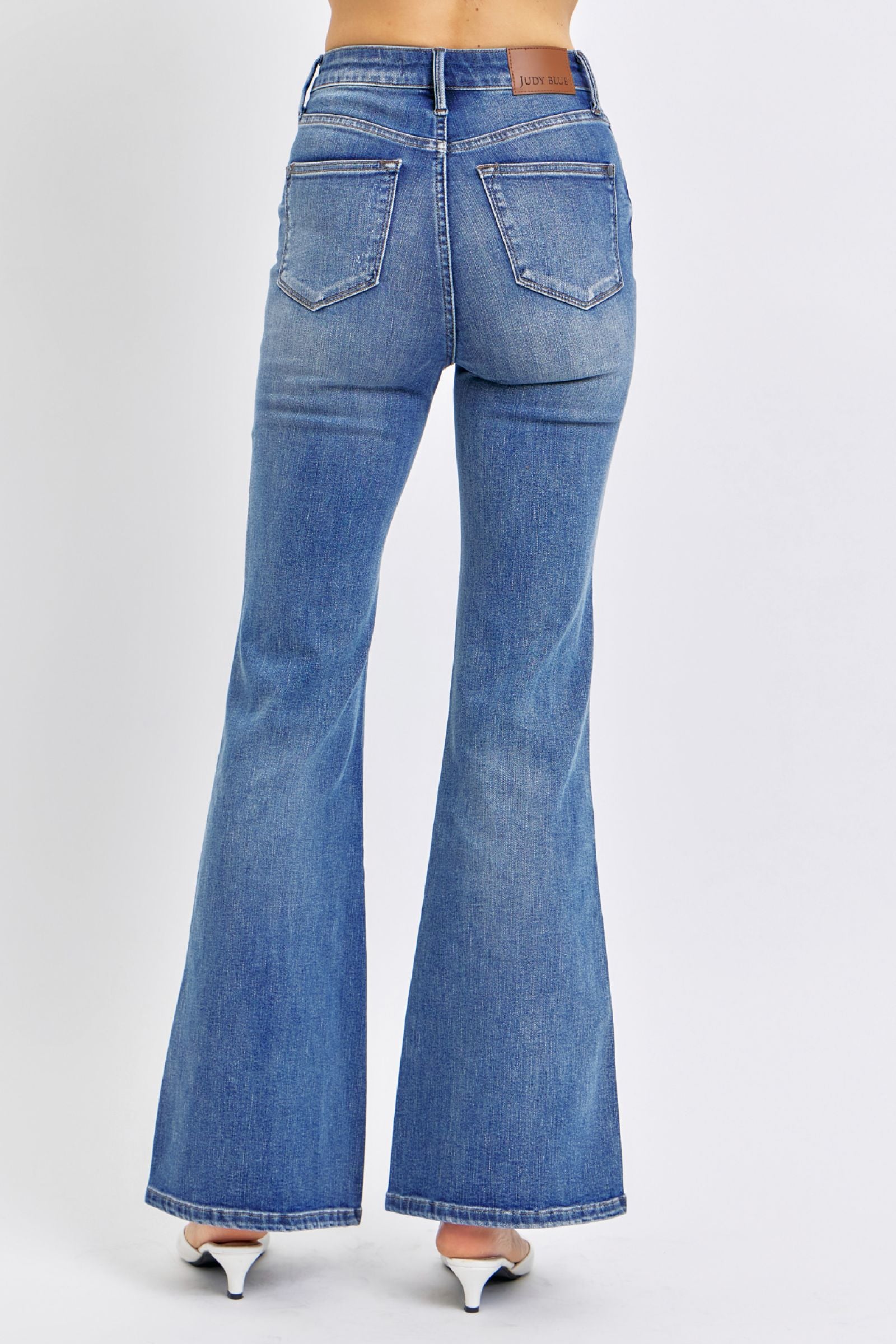 HIGH WAIST DARKWASH TUMMY CONTROL CONTRAST WASH FLARE JUDY BLUE DENIM-PLUS