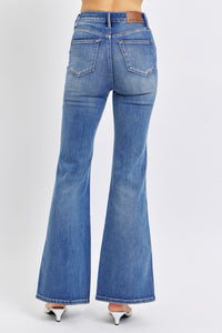 HIGH WAIST DARKWASH TUMMY CONTROL CONTRAST WASH FLARE JUDY BLUE DENIM-PLUS