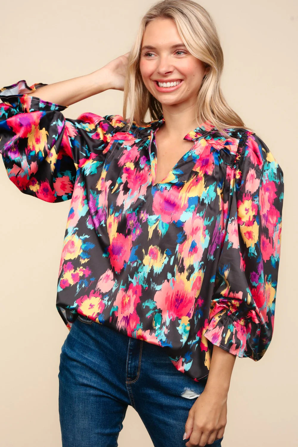 BUBBLE LONG SLEEVE FLORAL WOVEN TOP