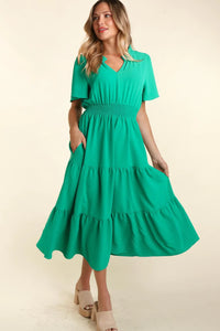 GREEN MAXI TIERED SMOCKED WAIST SIDE POCKETED DRESS