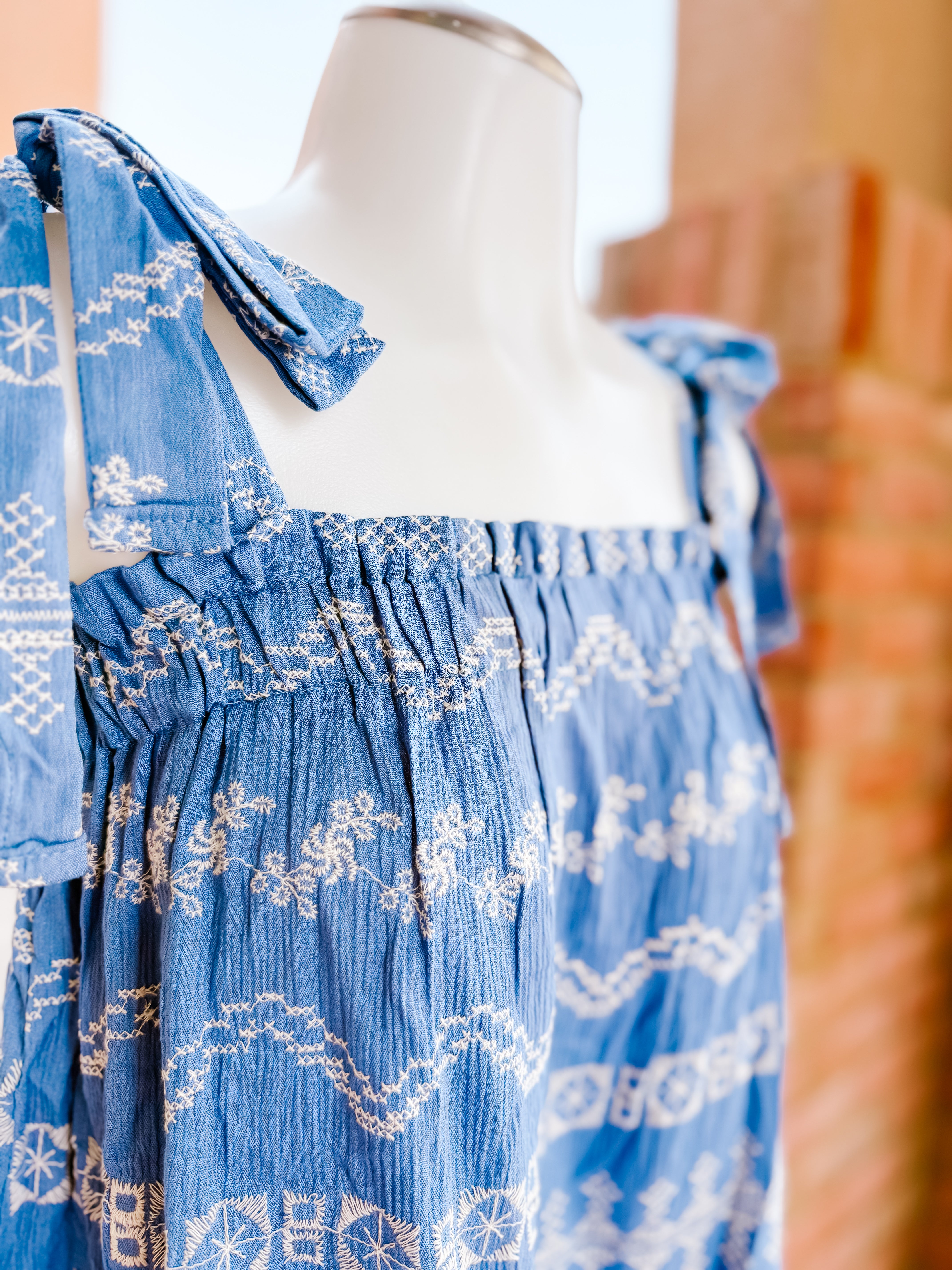 Denim Blue Tie Sleeve Embroidered Tank- SALE