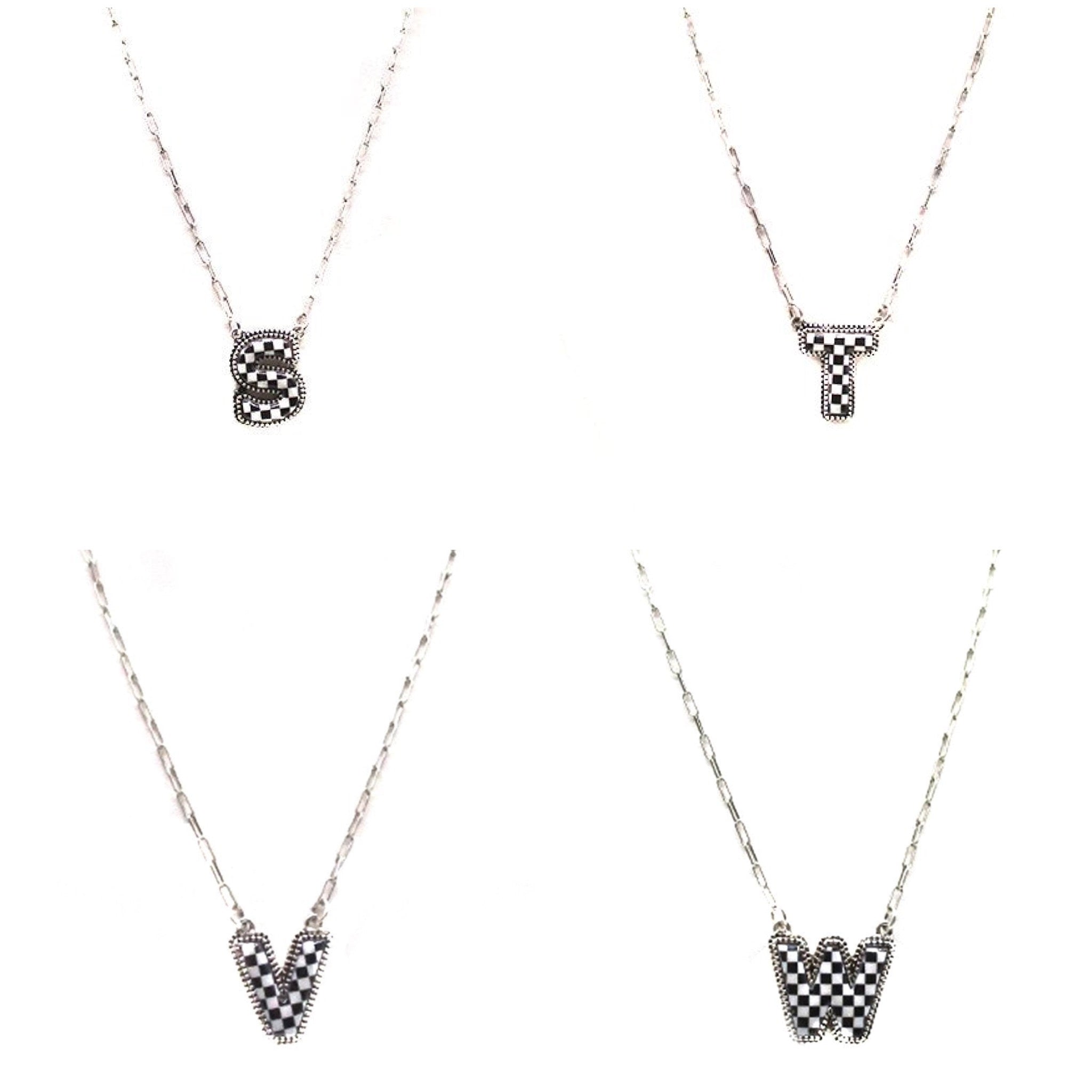 CHECKERED BUBBLE INITIAL BLACK & WHITE ON SILVER CHAIN WITH 18" + 3" EXTENDER NECKLACE