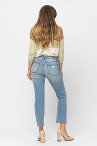 MID RISE TINTED WASH DESTROY CROP STRAIGHT MEDIUM WASH DENIM JUDY BLUE