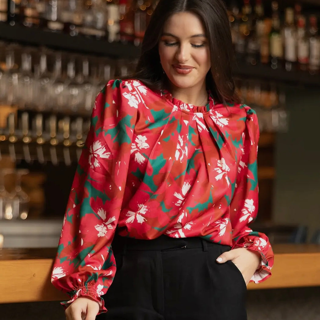 TOP QUINN PRETTY POINSETTIA SATIN BLOUSE MICHELLE MCDOWELL- REG & PLUS