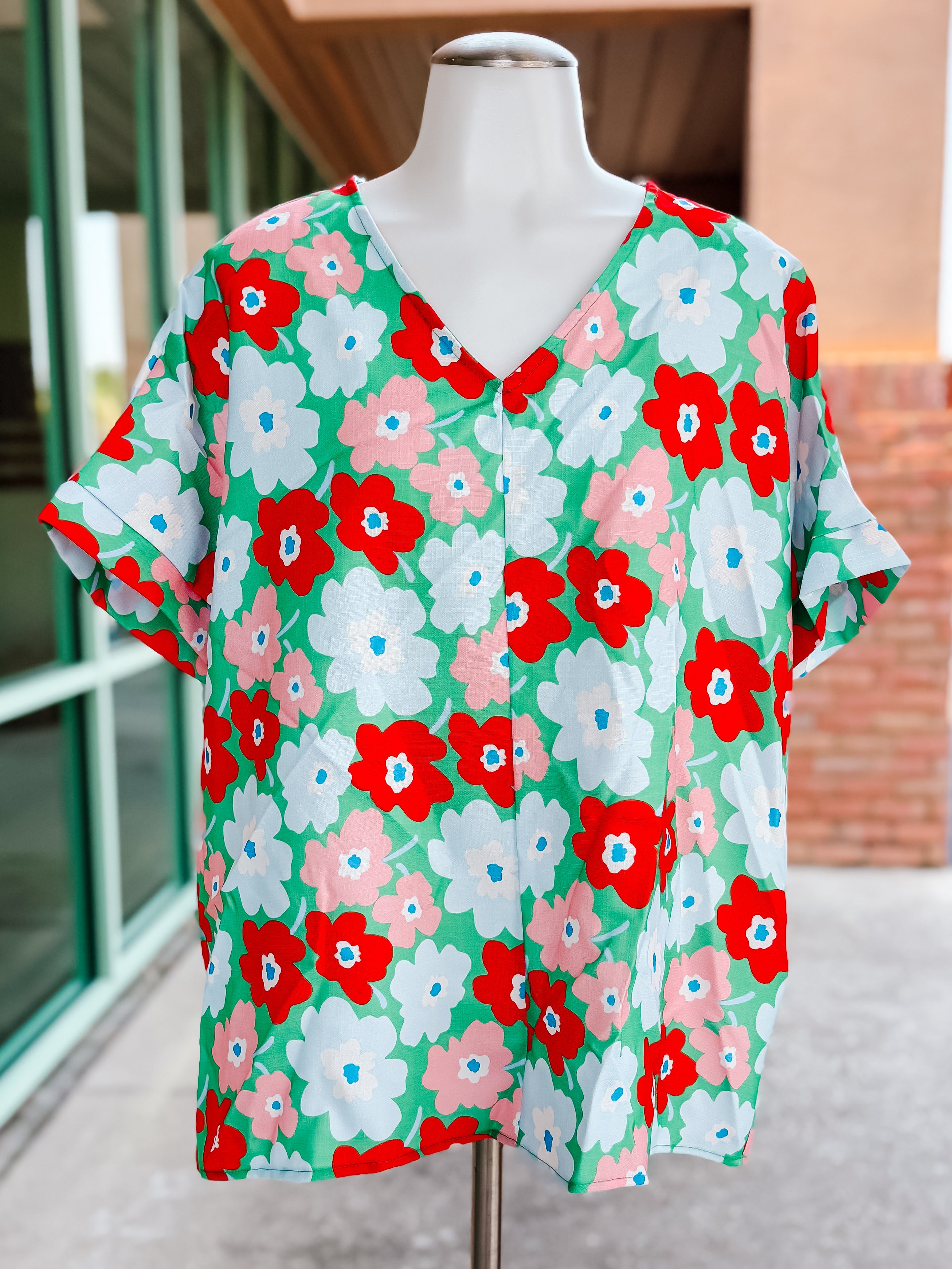 Green Orange Floral Vneck Drop Shoulder Top- SALE