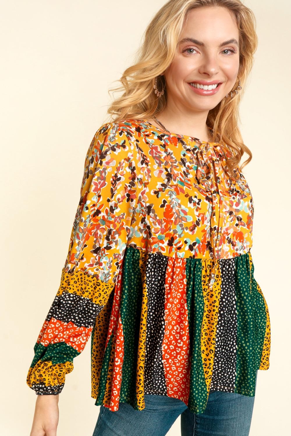 BOHO MUSTARD RUST FLORAL LEOPARD BABYDOLL TOP-PLUS