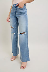 LIGHT WASH MID RISE TUMMY CONTROL DESTROYED WIDE LEG JUDY BLUE DENIM