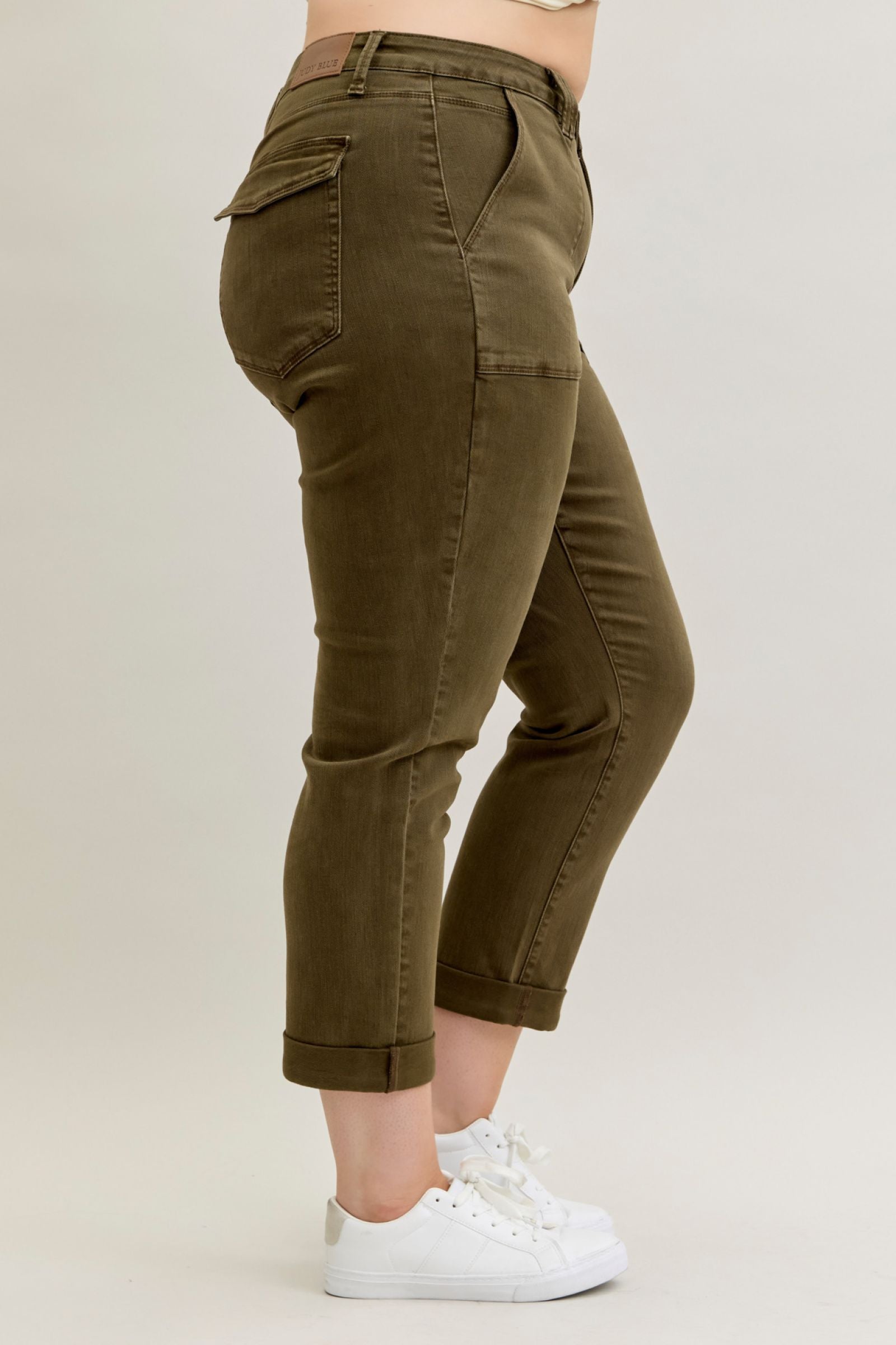 DARK FOREST GREEN HIGH WAIST AURORA WEEKENDER GARMENT DYED CUFFED JUDY BLUE DENIM-PLUS