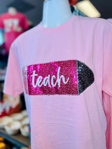 TEACH PENCIL SEQUINS LIGHT PINK & FUCHSIA APPLIQUE HANDMADE TEE