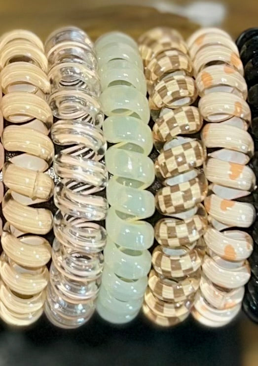 BEIGE FLOWER CHECKERED HAIR COIL TIE SETS OF 5