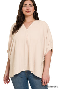 SAND BEIGE WOVEN AIRFLOW V-NECK PUFF HALF SLEEVE TOP -PLUS