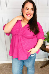 MAGENTA FUCHSIA TEXTURED VNECK BABYDOLL TOP
