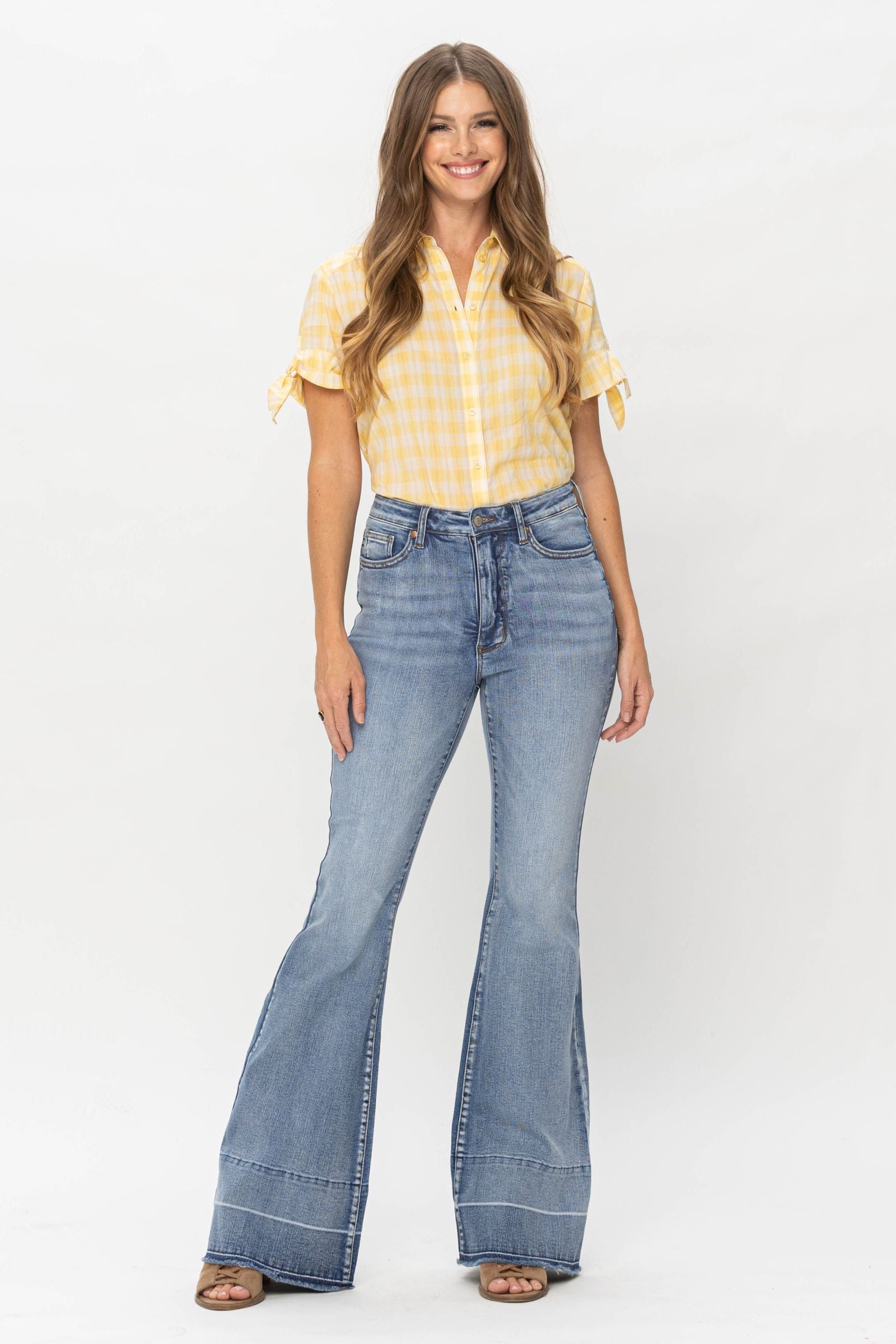 MEDIUM WASH HIGH WAIST TUMMY CONTROL WITH RELEASE HEM FLARE JUDY BLUE DENIM-PLUS