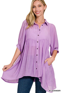 LAVENDER TIERED BACK HI-LOW HEM BUTTON FRONT TUNIC TOP