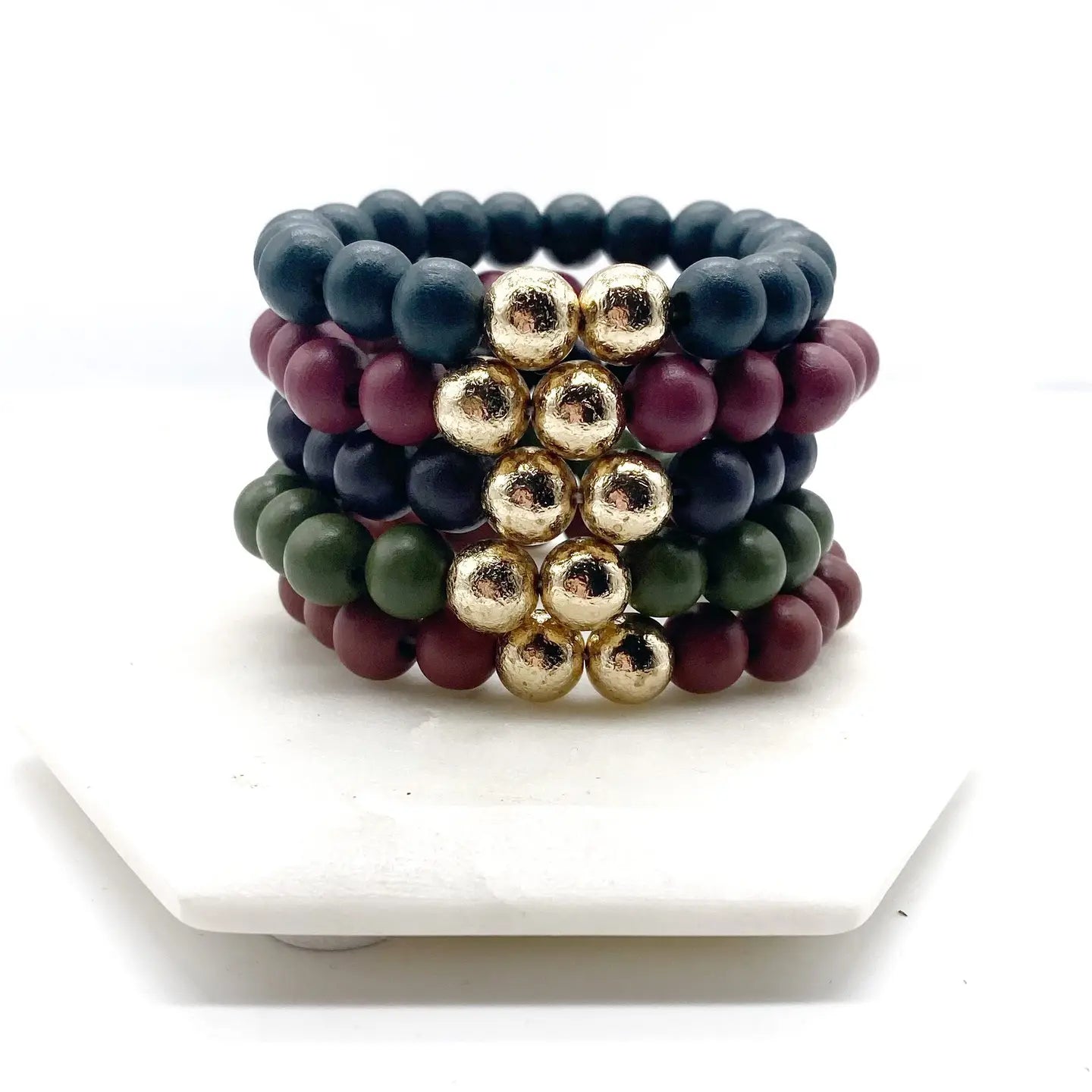 FALL WOOD BEADED STRETCH BRACELET SET OF 5 HANDMADE BY BBB