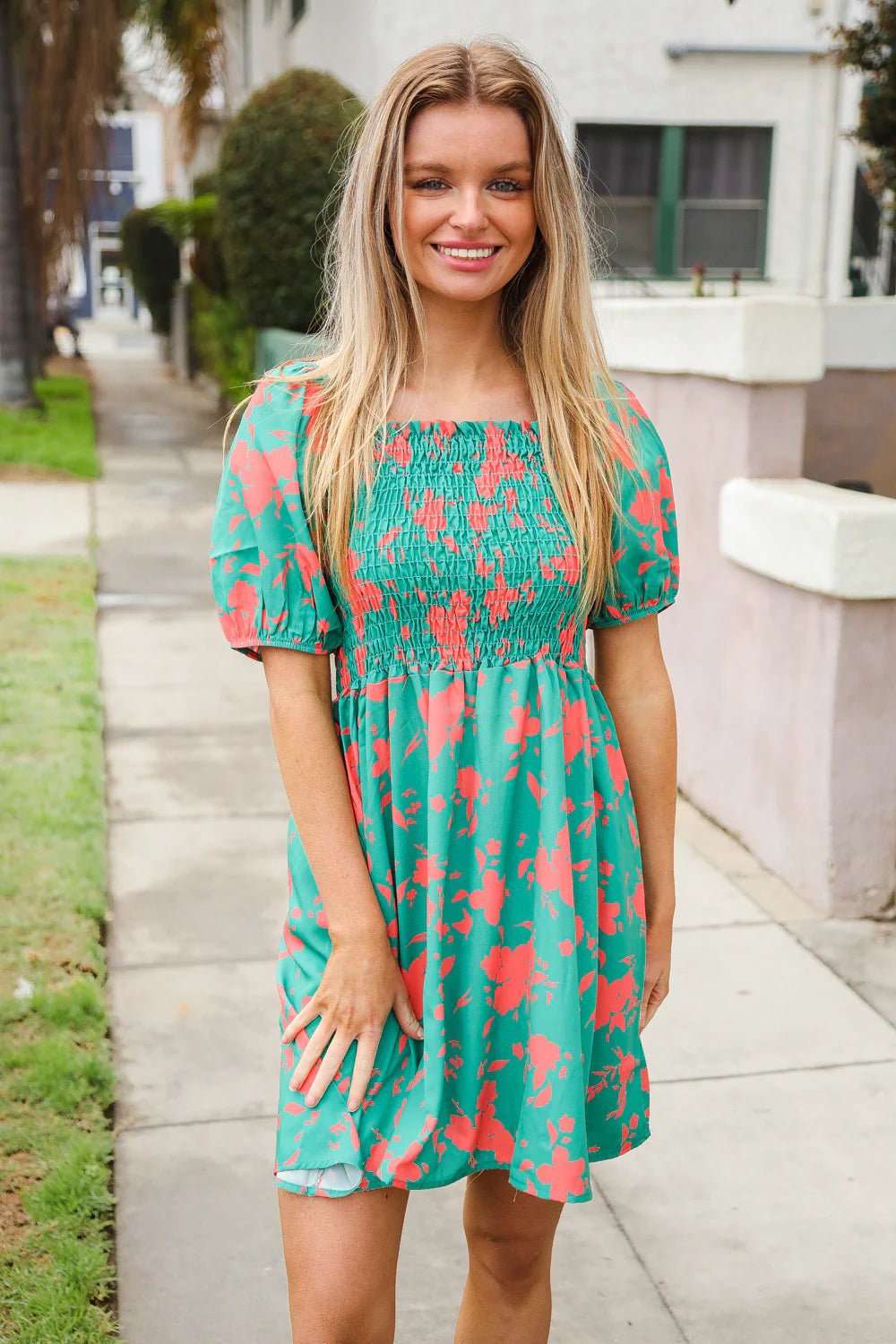 TEAL CORAL FLORAL SMOCKED DRESS-PLUS