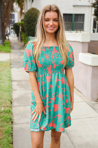 TEAL CORAL FLORAL SMOCKED DRESS-PLUS