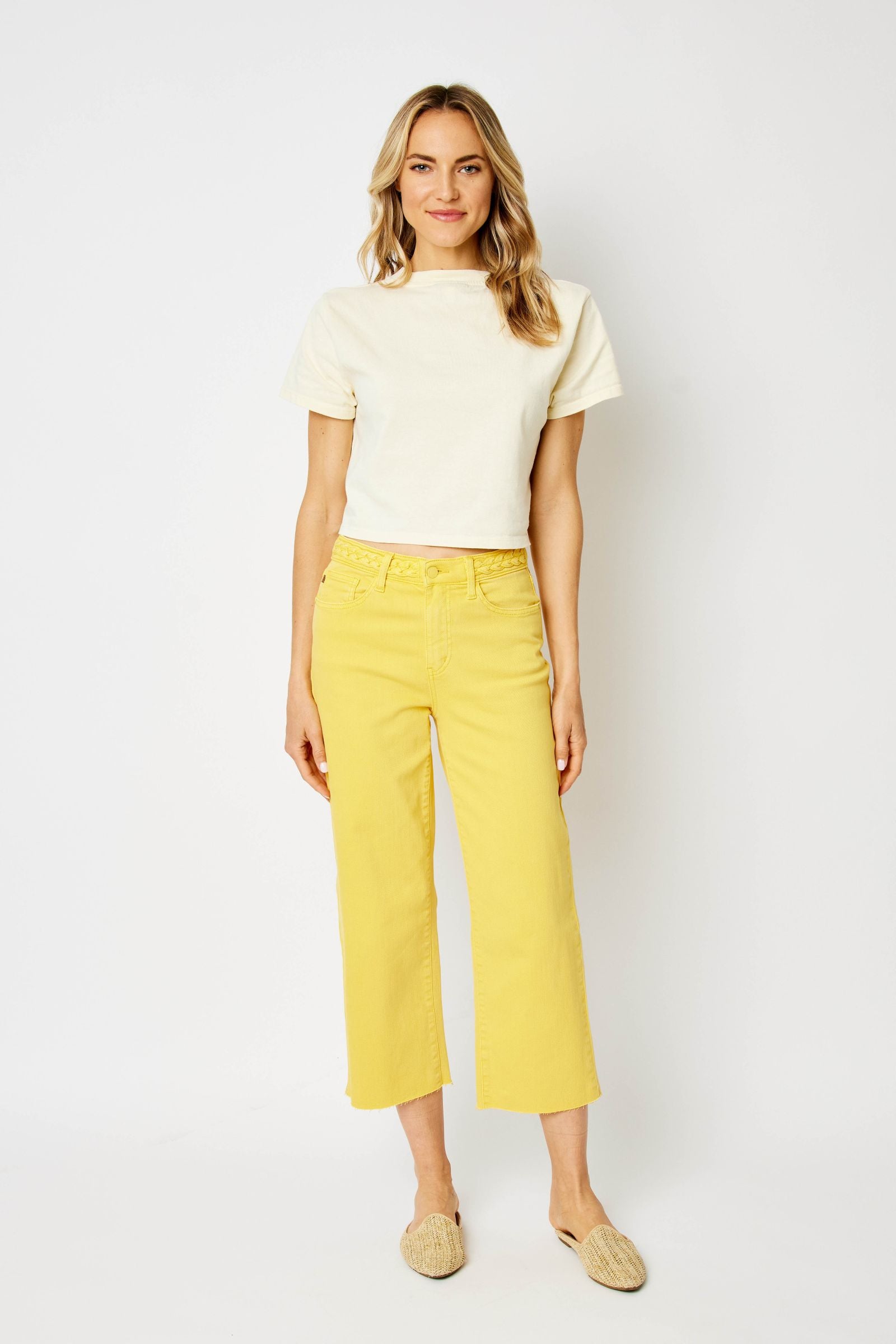 YELLOW HIGH WAIST GARMENT DYED BRAIDED WAISTBAND CROP WIDE LEG DENIM JUDY BLUE
