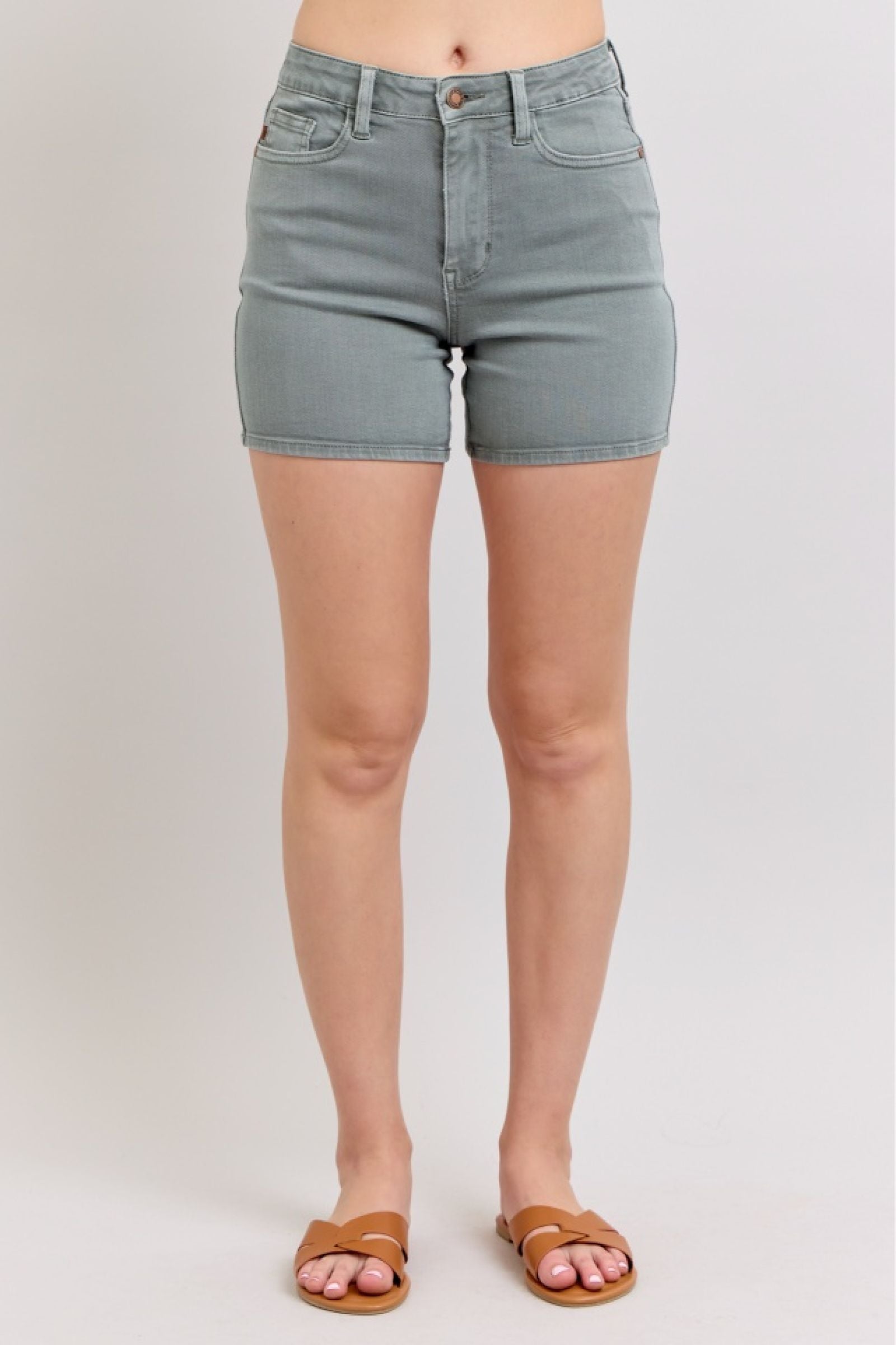 HIGH WAIST STONE BLUE GARMENT DYED BACK POCKET EMBROIDERY DENIM SHORTS JUDY BLUE