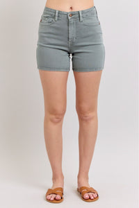 HIGH WAIST STONE BLUE GARMENT DYED BACK POCKET EMBROIDERY DENIM SHORTS JUDY BLUE