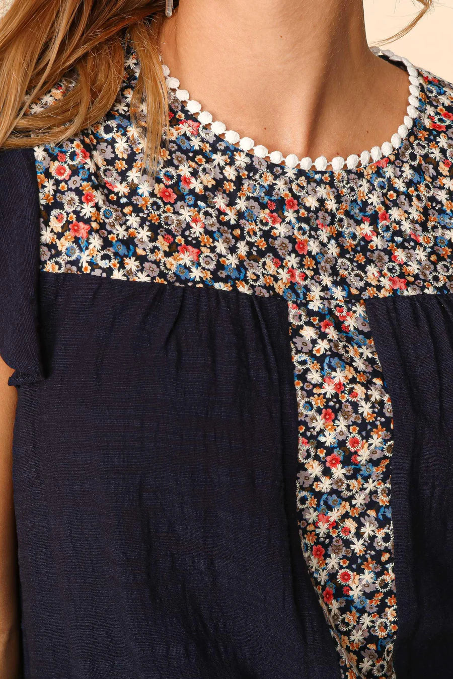 NAVY FLORAL EMBROIDERED YOKE WOVEN TOP-PLUS