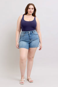 MEDIUM WASH HIGH WAIST TUMMY CONTROL COOL DENIM DOUBLE WAISTBAND SHORTS BY JUDY BLUE-PLUS