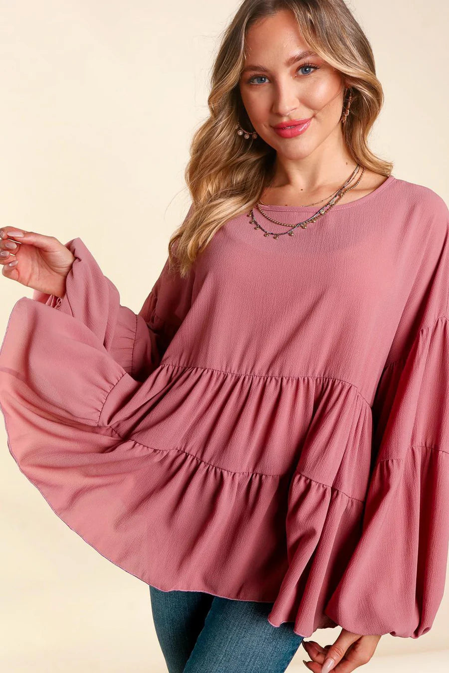 MAUVE BUBBLE WOVEN RUFFLE BABYDOLL TOP-PLUS