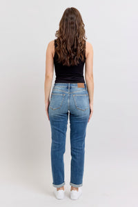 MID RISE VINTAGE WASH DARK WASH NON DESTROY BOYFRIEND FIT JUDY BLUE DENIM-PLUS