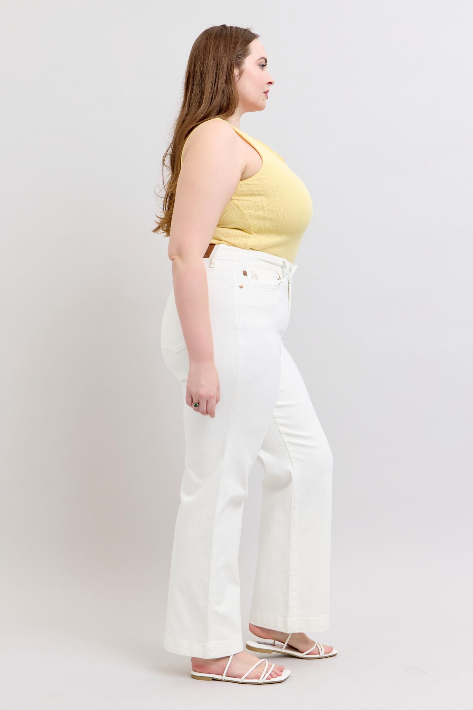 HIGH WAIST DOUBLE BUTTON WAISTBAND TROUSER WHITE WIDE LEG COIN POCKET EMBROIDERY DETAIL JUDY BLUE DENIM-PLUS