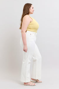 HIGH WAIST DOUBLE BUTTON WAISTBAND TROUSER WHITE WIDE LEG COIN POCKET EMBROIDERY DETAIL JUDY BLUE DENIM-PLUS