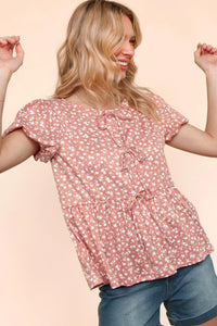 MAUVE WHITE FLORAL FRONT RIBBONS BOW TIE BABYDOLL KNIT TOP-PLUS
