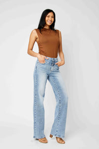 JUDY BLUE HIGH WAIST FRONT YOKE RETRO WIDE MEDIUM WASH DENIM
