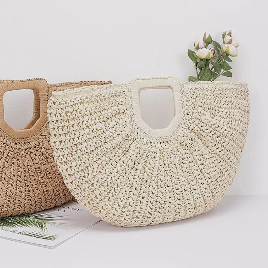 IVORY FAUX STRAW HANDMADE HANDLE TOTE BAG PURSE